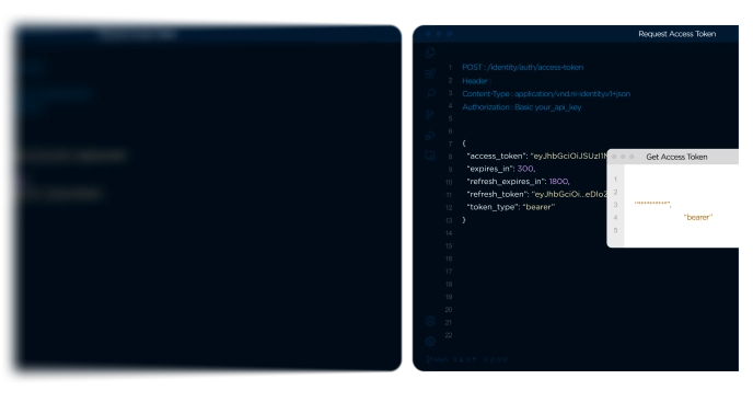 Screenshot of API code in Arabic showing a POST request for an access token, including headers and a JSON response with bearer token.