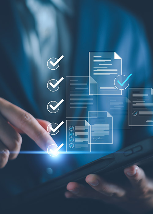 Person using a tablet with holographic checklists and digital documents, symbolizing online verification and compliance.