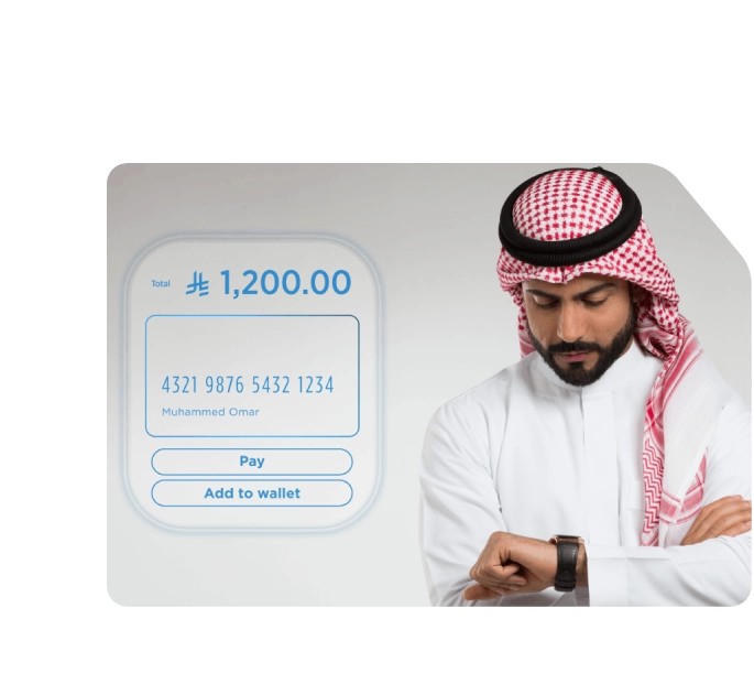 Saudi man checking smartwatch with a holographic Network payment interface showing 1,200 SAR and Pay/Add to Wallet options.