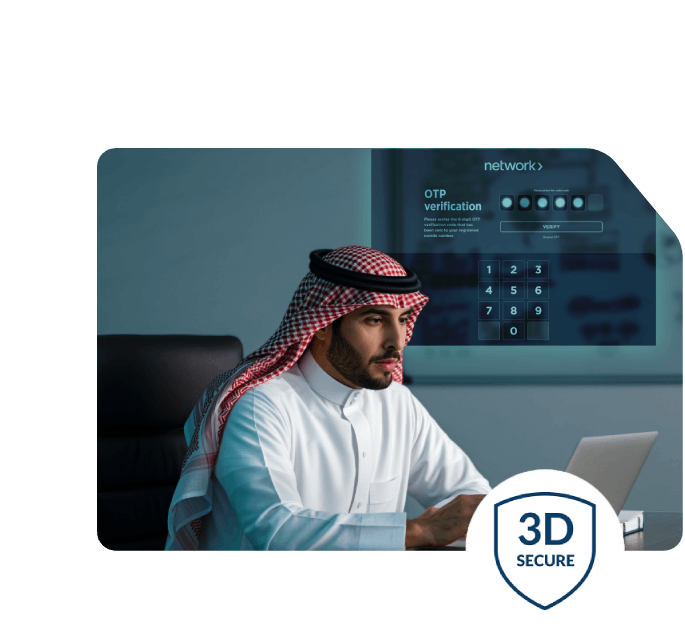 Saudi man using a laptop with a holographic Network OTP verification screen, symbolizing secure 3D authentication.