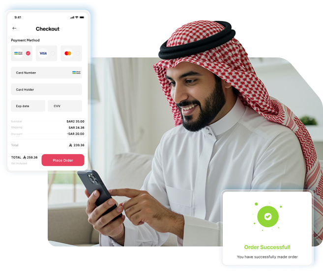 Smiling Saudi man using his phone for online checkout, with a screen showing card payment details and a successful order confirmation.
