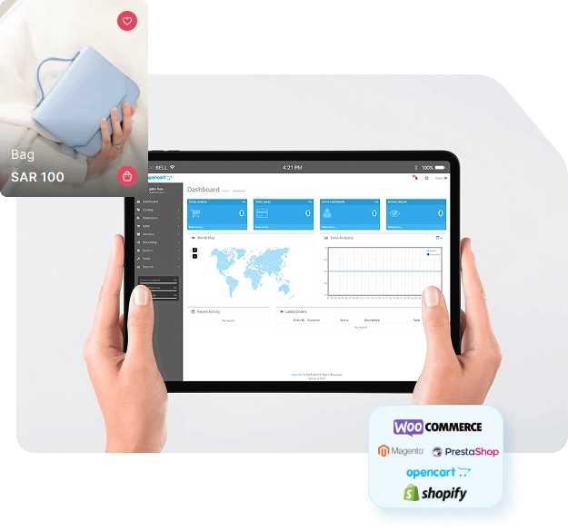 Hands holding a tablet displaying the OpenCart dashboard, with a product listing overlay showing a blue handbag priced at SAR 100.