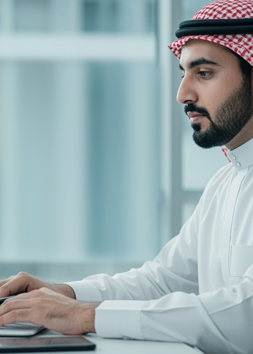 Saudi man in traditional attire focused on his laptop, working in a modern office environment with natural daylight.