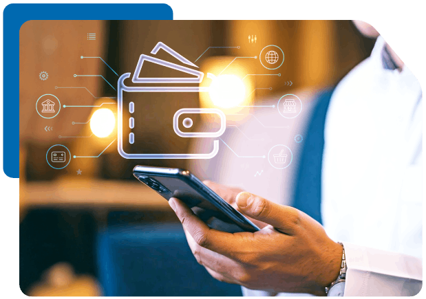 Close-up of a man using a smartphone with a holographic digital wallet interface, symbolizing online payments and banking.