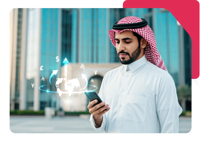 Man viewing smartphone with holographic globe and currency symbols outdoors.