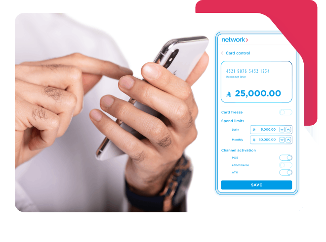 إدارة البطاقةPerson using a smartphone with Network app interface showing card balance, limits, and control options.