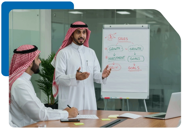 Saudi man presenting a sales and growth strategy on a whiteboard during a business meeting.