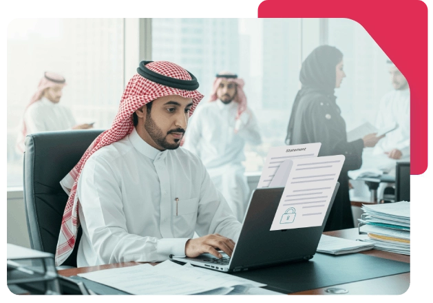 Saudi man working on a laptop with secure digital documents, symbolizing data privacy in a modern office setting.