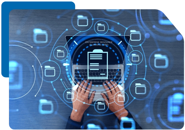 Hands typing on a laptop with holographic ERP icons, symbolizing enterprise resource planning and digital management.