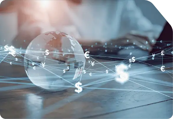 Holographic globe with floating digital currency symbols and network lines, symbolizing global payments and financial connectivity.