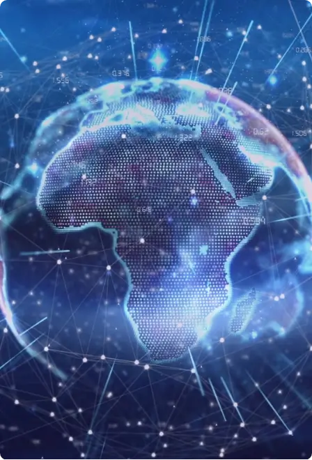 Digital globe highlighting Africa with connected data lines.