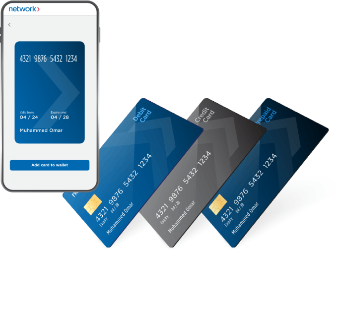 Digital wallet showing Network-branded debit, credit, and prepaid cards labeled “Muhammed Omar.”