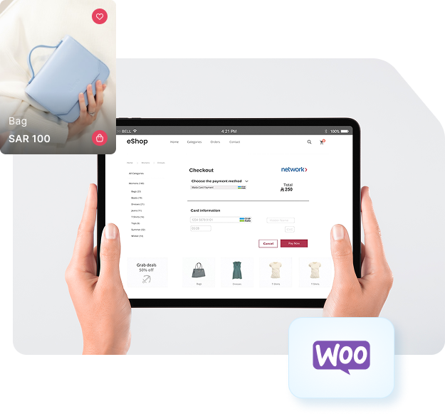 Hands holding a tablet showing an eShop checkout page with WooCommerce logo and SAR 100 handbag listing.