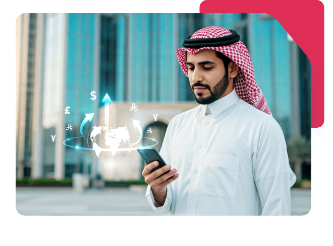 Man in Gulf attire with phone and digital globe of currency icons.