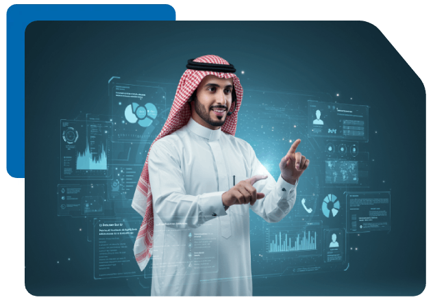 Man in thobe engaging with virtual holographic data interface.