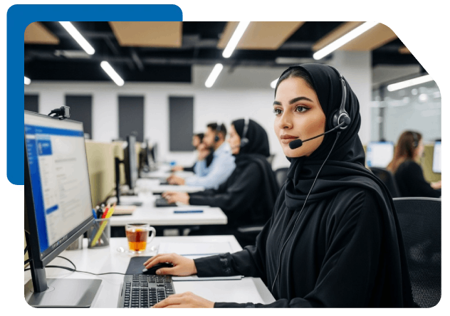 Woman in hijab working at a computer with headset in a modern call center, assisting customers online.